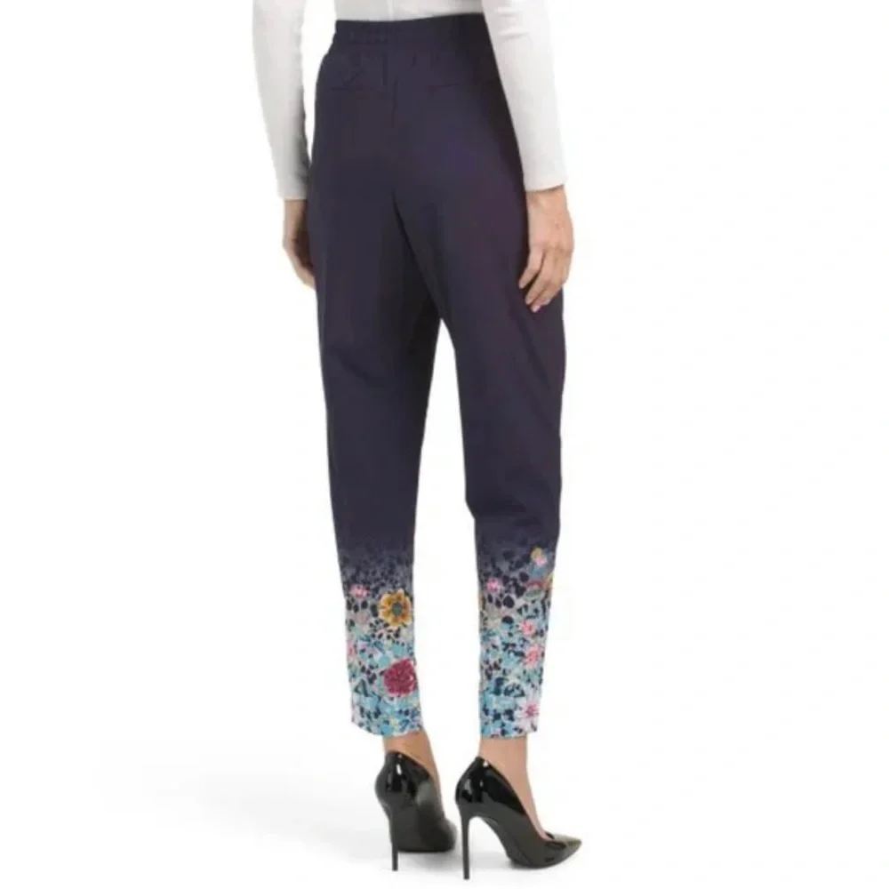 JOHNNY WAS Joy Vanda Track Pants Navy Multi Color Floral Hem Drawstring Jogger